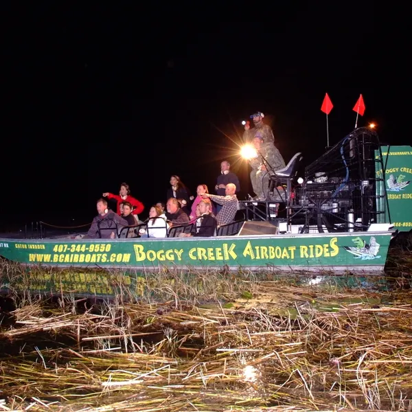 Night Airboat Tour  
The nighttime one-hour tour takes guests on a quest to find the red glowing eyes of the alligators as they come out to feed.  Especially during the summer, this is the best time to see many alligators and have an experience that cannot be beat! We guarantee alligator sighting on this tour