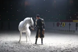 liberty horse with the horse trainer, an act in the show where an Andalusian stallion performs without a harness or human touch