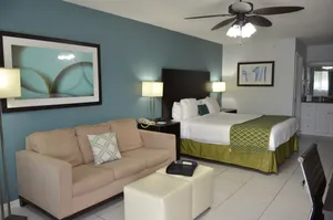 1King Bed, Couch, Desk, Dresser with TV & mini-fridge.
