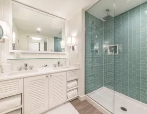 Sink and shower bathroom view from a suite.