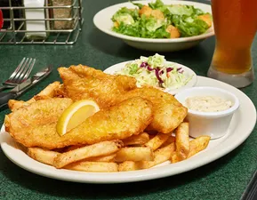 Crispy beer battered fried white fish. Served with tartar sauce, coleslaw and seasoned fries. Join us every Friday for a special Fish Fry Friday deal! You'll get a discount on the meal PLUS a side salad or soup.