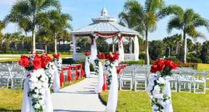 Our elegant Gazebo is a popular location for outdoor wedding ceremonies and other romantic events. Featuring tropical foliage and a manicured lawn, the gazebo is conveniently located just outside the beautiful Encore Clubhouse.