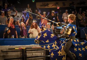 the blue knight chooses the queen of the tournament from the crowd and give her the favor