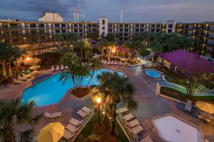 Beautiful night shot of our center open air atrium all rooms open up to
