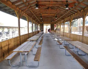 Large lighted outdoor covered pavilion holds 80 guests for a sit down picnic in the park.