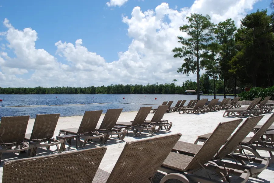 beautiful beach front on Lake Brown. Beach chairs await you.