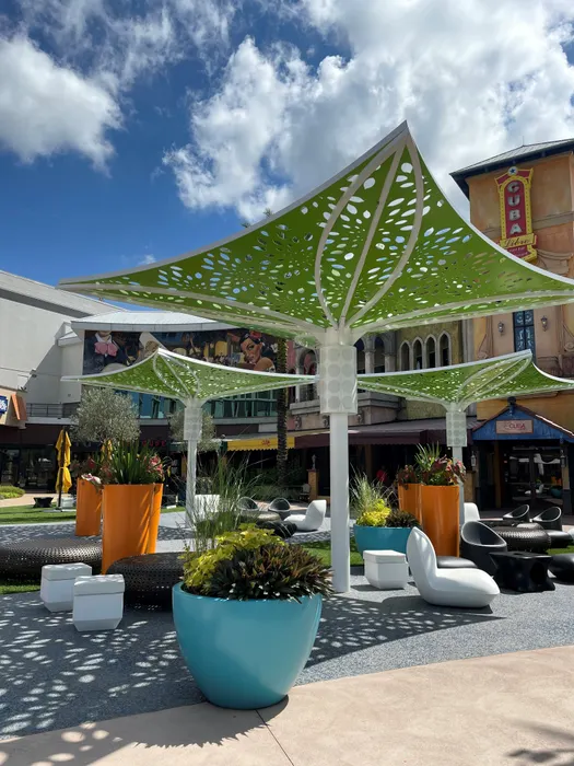 Colorful and inviting outdoor courtyard perfect for block parties.