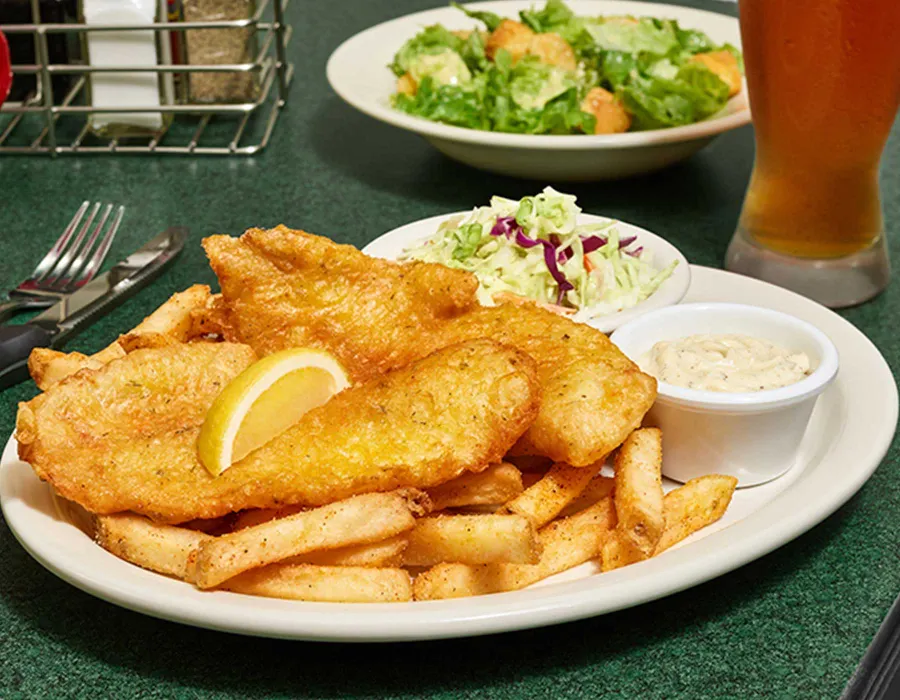 Crispy beer battered fried white fish. Served with tartar sauce, coleslaw and seasoned fries. Join us every Friday for a special Fish Fry Friday deal! You'll get a discount on the meal PLUS a side salad or soup.
