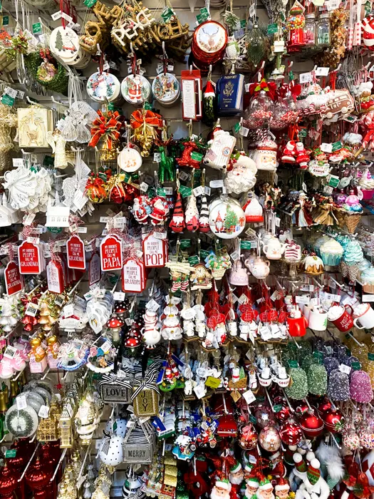 Photo of a wall filled with Christmas ornaments