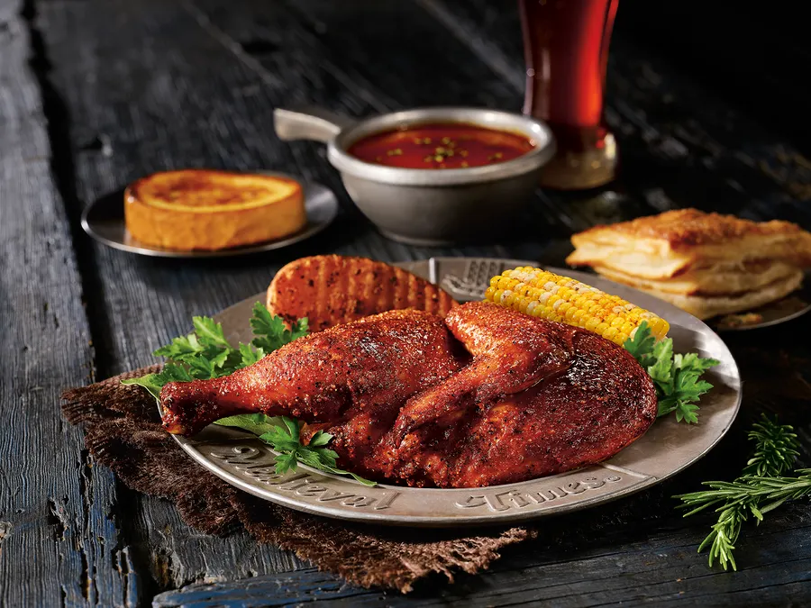 four-course feast includes garlic bread, tomato bisque soup, roasted chicken, sweet buttered corn, herb-basted potatoes, the pastry of the Castle, coffee and two rounds of select beverages