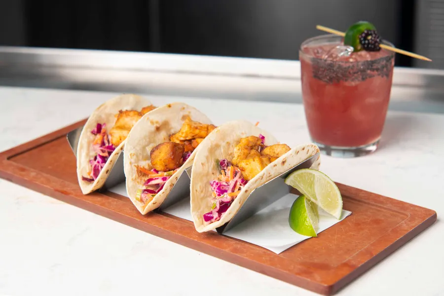 Market Catch, red cabbage slaw, papaya-mango salsa, sweet chili aioli