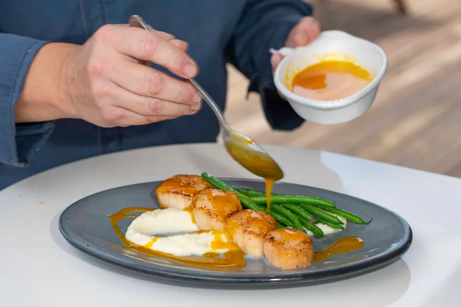 Cauliflower purée, haricots verts, honey saffron vinaigrette
