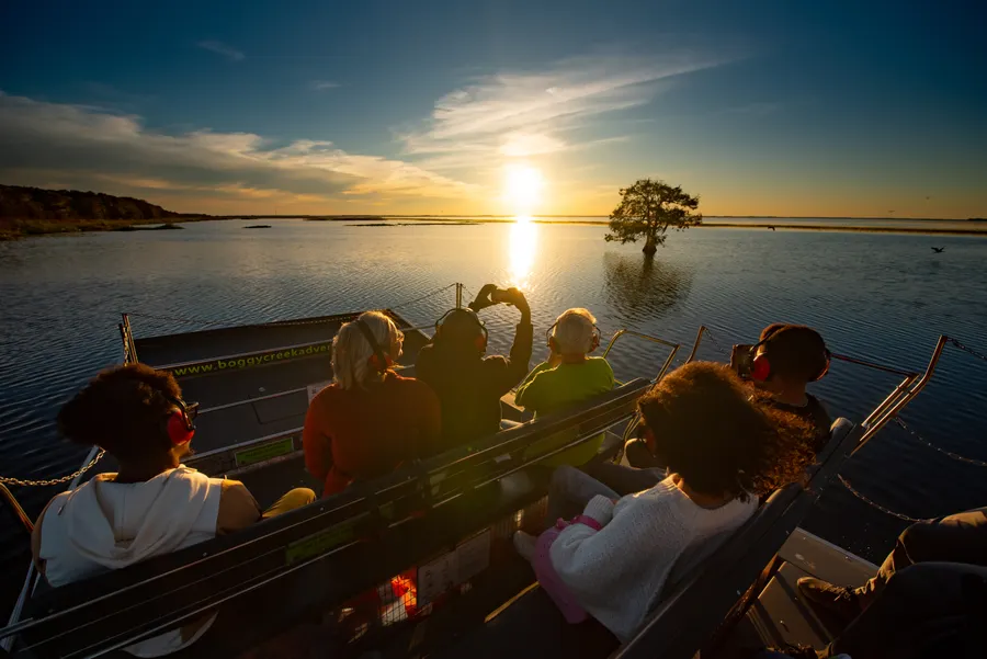 Experience the thrill and adventure of a sunset on the water with us. From the moment you board our airboat, you will be surrounded by picturesque views and sounds of nature. Enjoy a relaxing yet thrilling experience as you glide towards the horizon.