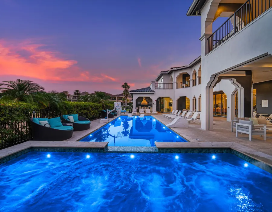 Relax in luxury with a stunning private pool oasis, perfect for unforgettable sunsets and serene evenings.
