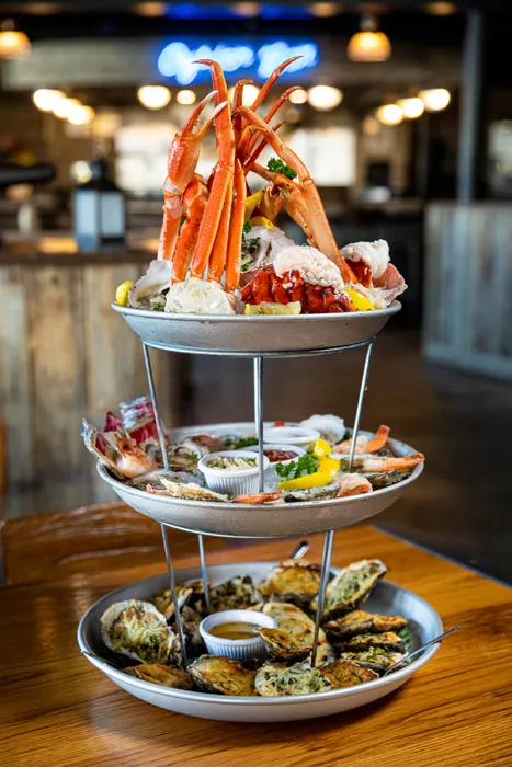 Lobster tail, snow crab legs, shrimp cocktail, charbroiled oysters, and raw oysters, served with cocktail sauce, horseradish, mignonette, drawn butter, and crostini.