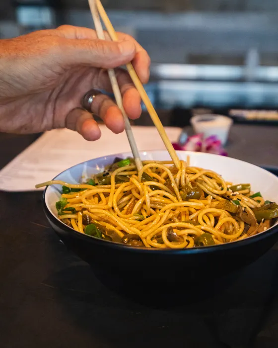 Sautéed Peppers, Mushrooms, Onions and Celery tossed with Noodles in a Spicy Korean Sauce