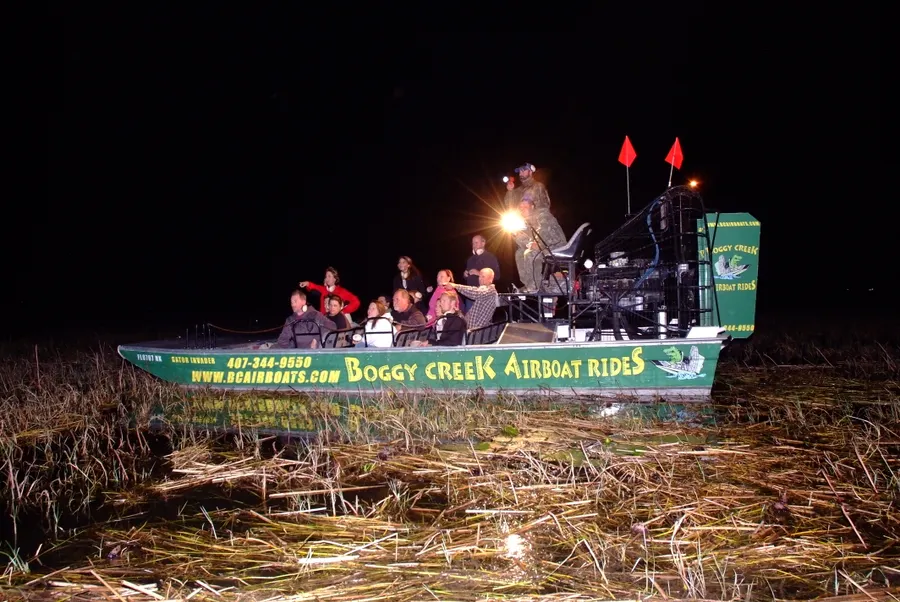 Night Airboat Tour  
The nighttime one-hour tour takes guests on a quest to find the red glowing eyes of the alligators as they come out to feed.  Especially during the summer, this is the best time to see many alligators and have an experience that cannot be beat! We guarantee alligator sighting on this tour