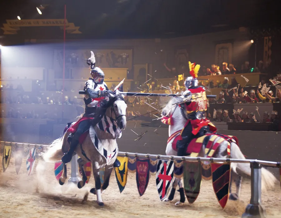 A joust between the black and white knight versus the red and yellow knight in the grand ceremonial arena in a tournament to become champion.