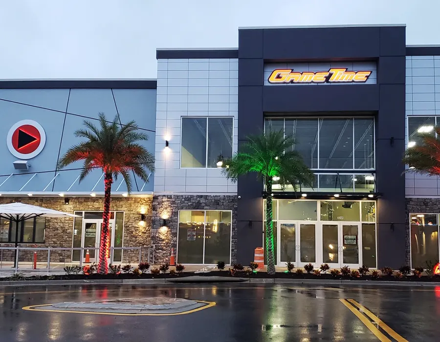 Outside view of building with lights