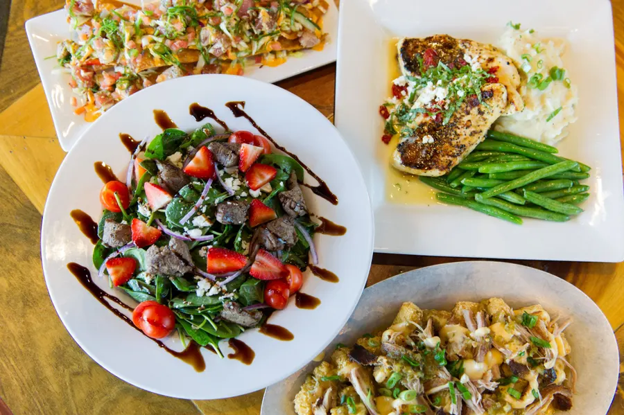 Salsa Verde & Crispy Pork Tater Tots, Seared Ahi Nacho, Spinach & Steak Salad, and Chicken Henry