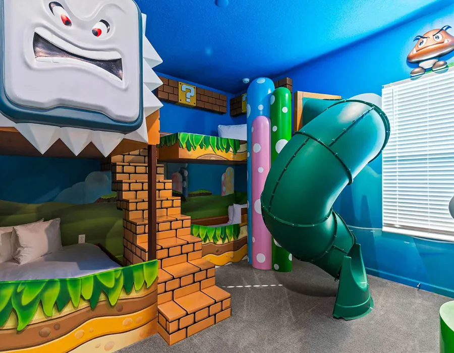 Video game theme room in the Villatel Village 11 and 12-bedroom vacation rentals