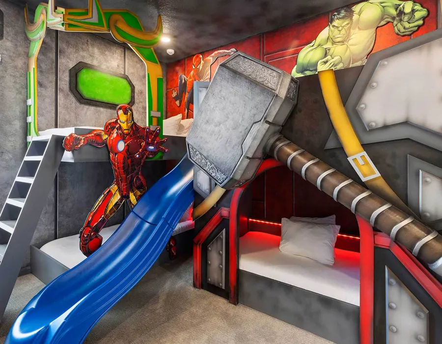 Superheroes theme room in the Villatel Village 11 and 12-bedroom vacation rentals